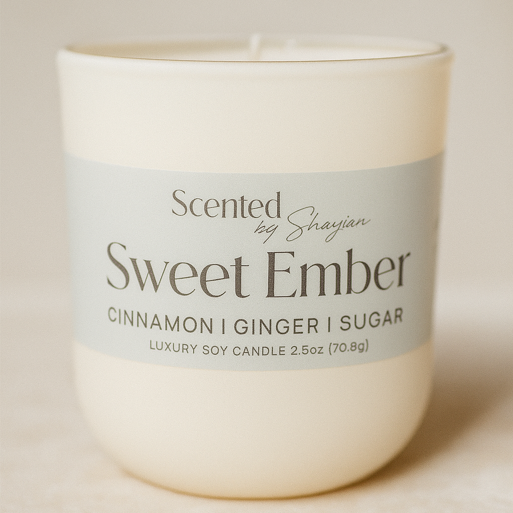Candle with 'Sweet Ember' label on a beige background