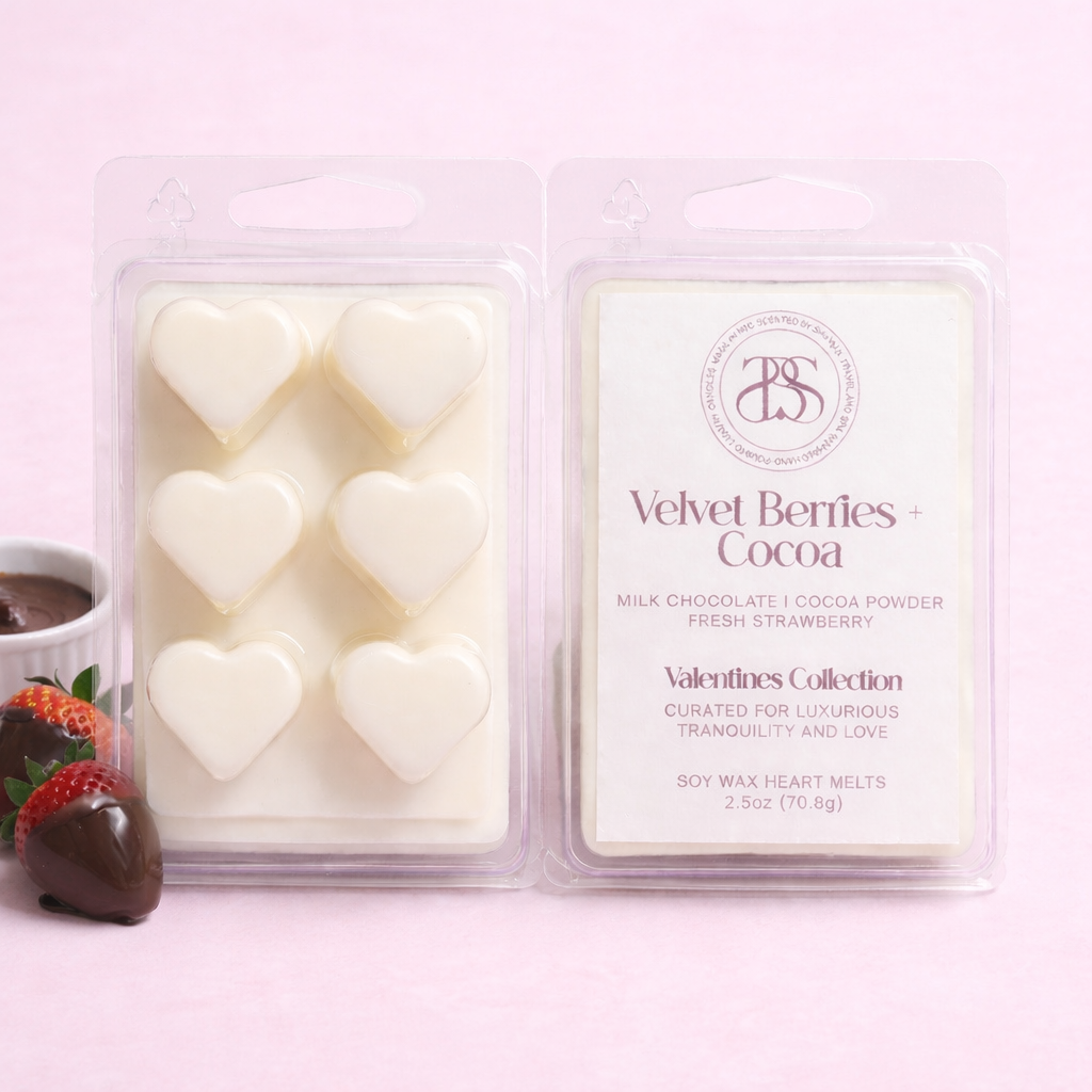 Packaged heart-shaped wax melts with a visible brand logo on a pink background