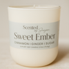 Candle with 'Sweet Ember' label on a beige background